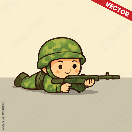 Cute army kids creeping gesture bring gun vector style editable illustration