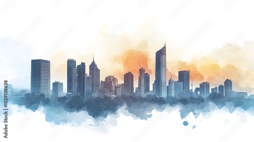 Naklejka premium Jakarta skyline illustration in black and simple watercolor on abstract watercolor background. Watercolor painting background.