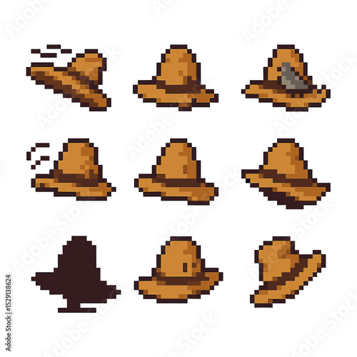 Scarecrow Hat Motions. Pixel art icon set of animated scarecrow hat actions: hat in wind, hat falling off, hat sheltering bird,