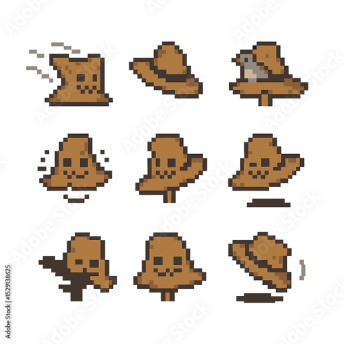 Scarecrow Hat Motions. Pixel art icon set of animated scarecrow hat actions: hat in wind, hat falling off, hat sheltering bird,