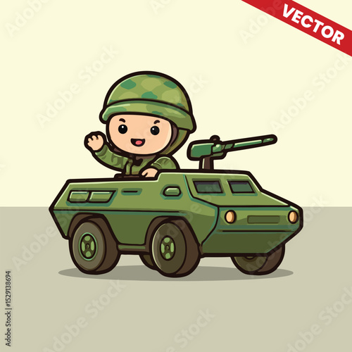 Cute army kids riding armored vehicle vector style editable illustration