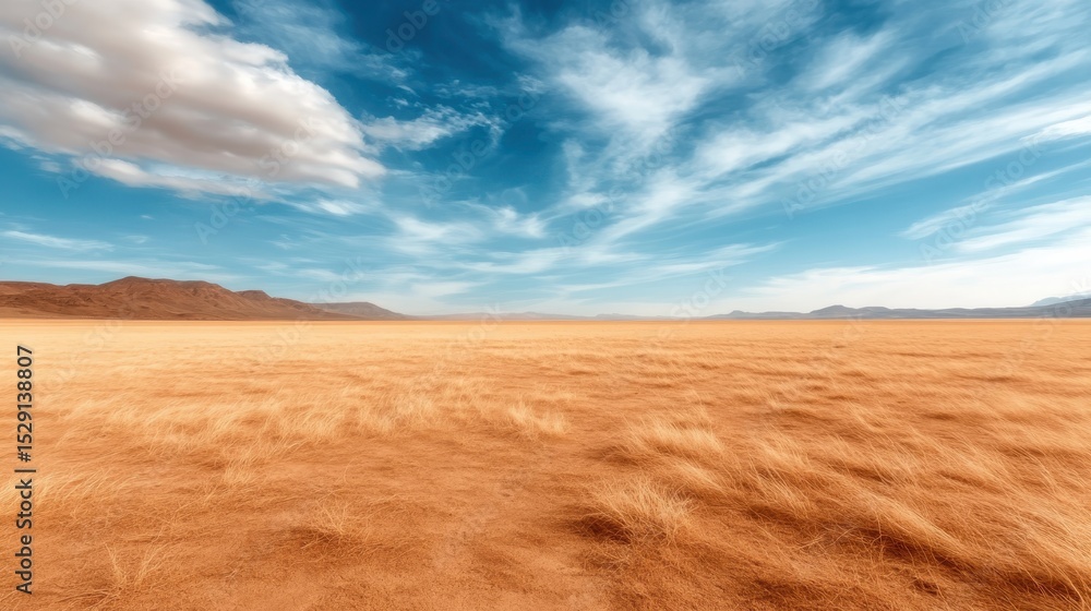 Fototapeta premium A vast, golden field stretching towards the horizon, adorned by a beautiful sky filled with dramatic clouds, evoking a sense of freedom and the natural beauty of open landscapes.