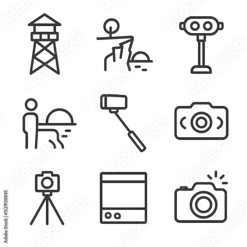 Scenic Icon Set. Outline icon set of scenic viewpoints and photo stops: lookout tower, cliff edge, vista binoculars, sunset