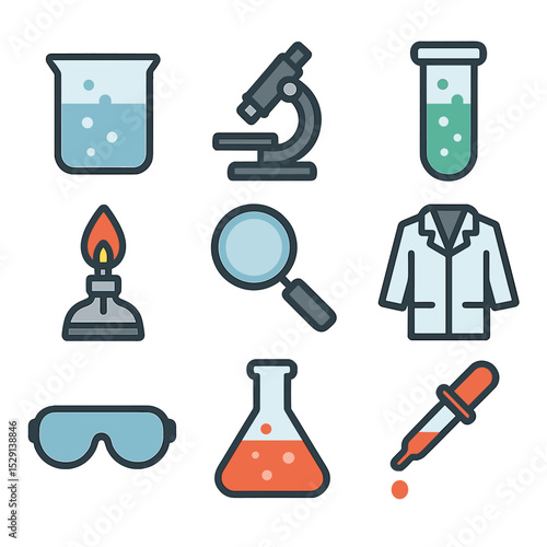 Science Icon Set. Flat icon set of science experiments: beaker, microscope, test tube, Bunsen burner, magnifying glass, lab coat,