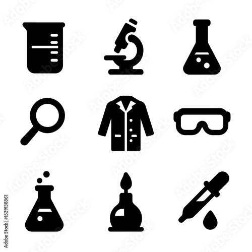 Science Icon Grid. Solid, Filled icon set of science experiments: beaker, microscope, test tube, Bunsen burner, magnifying glass,