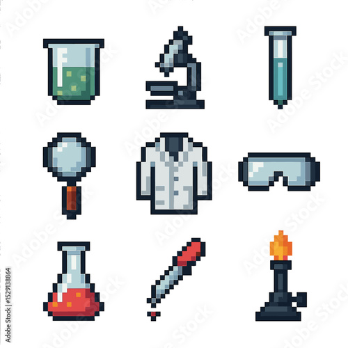 Science Experiment Icons. Pixel art icon set of science experiments: beaker, microscope, test tube, Bunsen burner, magnifying