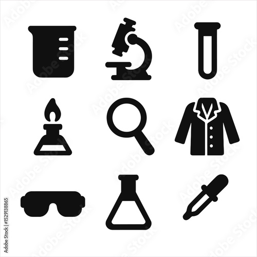 Science Icon Grid. Solid, Filled icon set of science experiments: beaker, microscope, test tube, Bunsen burner, magnifying glass,