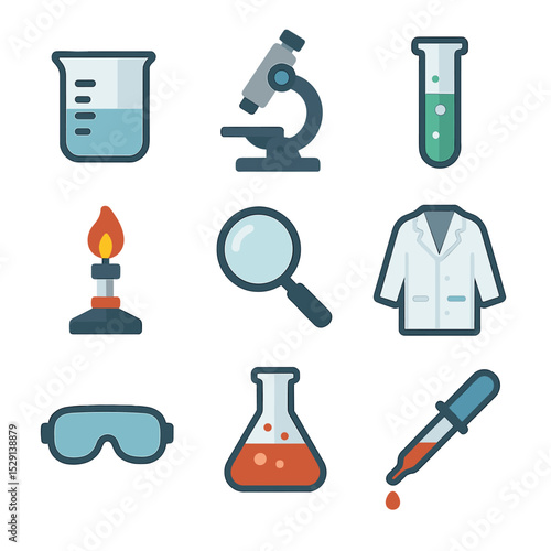 Science Icon Set. Flat icon set of science experiments: beaker, microscope, test tube, Bunsen burner, magnifying glass, lab coat,