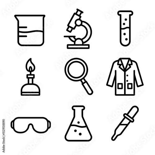 Science Icon Grid. Outline icon set of science experiments: beaker, microscope, test tube, Bunsen burner, magnifying glass, lab