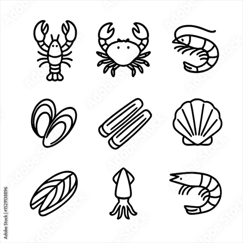 Seafood Market Icons. Outline icon set of seafood market ingredients: live lobster, king crab, jumbo shrimp, blue mussels, razor