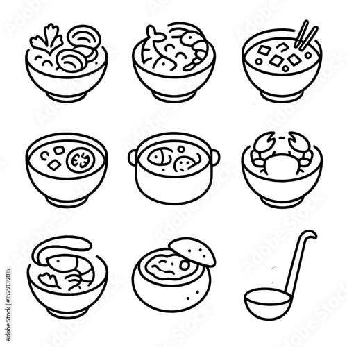 Seafood Soup Icons. Outline icon set of seafood soups: clam chowder, bouillabaisse, miso soup, gazpacho, fish stew, crab bisque,
