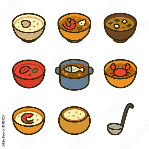Seafood Soups Icons. Flat icon set of seafood soups: clam chowder, bouillabaisse, miso soup, gazpacho, fish stew, crab bisque,