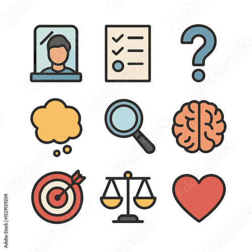 Self-Assessment Icon Set. Flat icon set of self-assessment: mirror, checklist, question mark, thought bubble, magnifying glass,