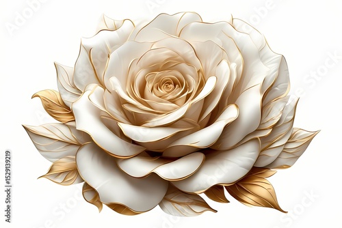 Single sculpted white rose in high relief, with a delicate spine traced in brushed gold — floating gently on a matte white background for a soft, graceful focal point.