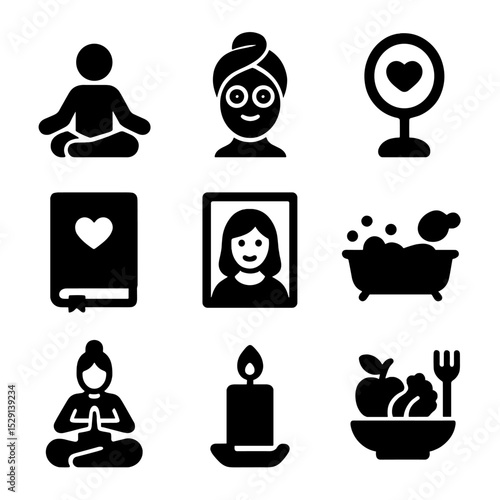 Self-Love Icon Set. Solid, Filled icon set of self-love: meditation, spa mask, heart mirror, journal, self portrait, bubble bath,