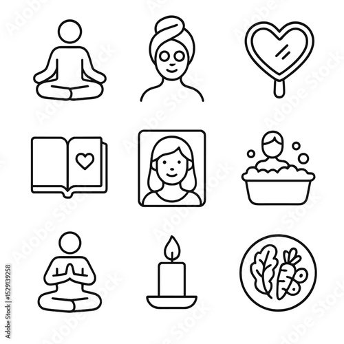 Self-Love Icon Set. Outline icon set of self-love: meditation, spa mask, heart mirror, journal, self portrait, bubble bath, yoga