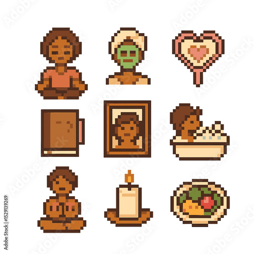 Self-Love Icon Set. Pixel art icon set of self-love: meditation, spa mask, heart mirror, journal, self portrait, bubble bath, yoga
