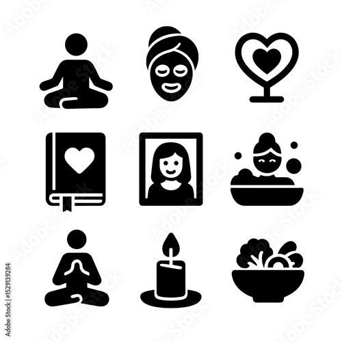 Self-Love Icon Set. Solid, Filled icon set of self-love: meditation, spa mask, heart mirror, journal, self portrait, bubble bath,