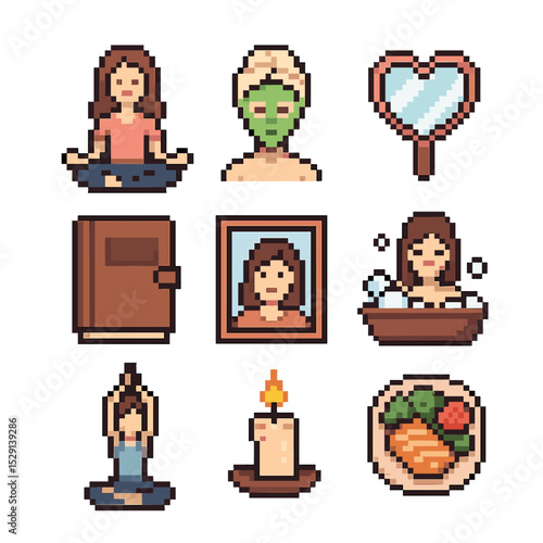 Self-Love Icon Set. Pixel art icon set of self-love: meditation, spa mask, heart mirror, journal, self portrait, bubble bath, yoga