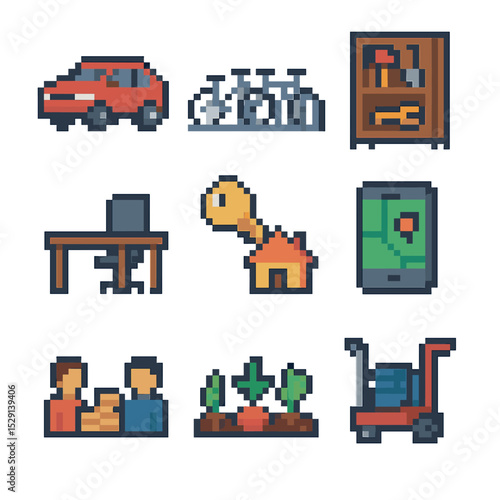 Sharing Economy Icons. Pixel art icon set of sharing economy: car share vehicle, bike share station, tool library shelf, coworking