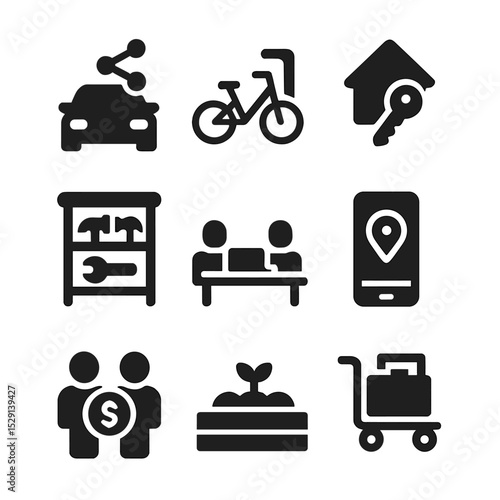 Sharing Economy Icons. Solid, Filled icon set of sharing economy: car share vehicle, bike share station, tool library shelf,