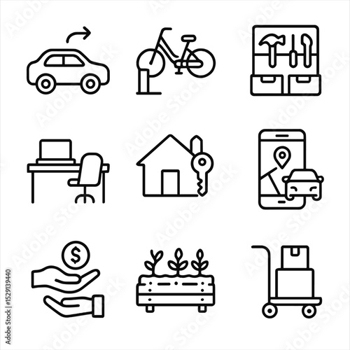 Sharing Economy Icons. Outline icon set of sharing economy: car share vehicle, bike share station, tool library shelf, coworking