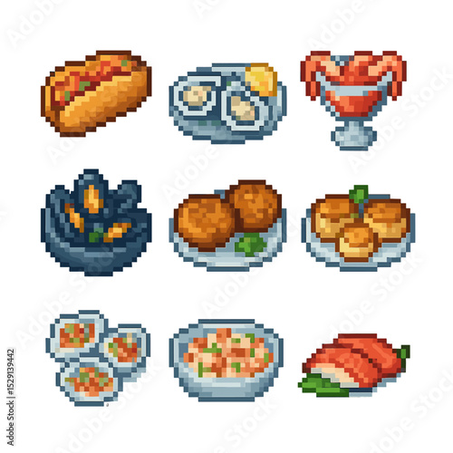 Shellfish Cuisine Icons. Pixel art icon set of shellfish dishes: lobster roll, oysters, shrimp cocktail, mussels, crab cakes,