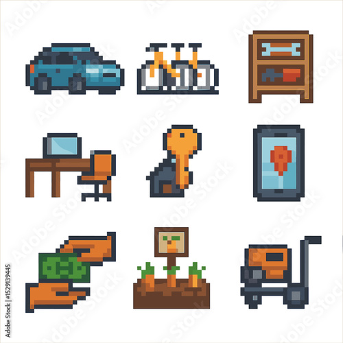 Sharing Economy Icons. Pixel art icon set of sharing economy: car share vehicle, bike share station, tool library shelf, coworking