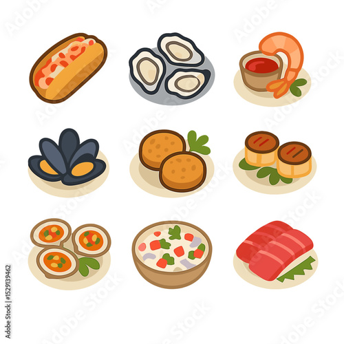 Shellfish Delights Grid. Flat icon set of shellfish dishes: lobster roll, oysters, shrimp cocktail, mussels, crab cakes, scallops,