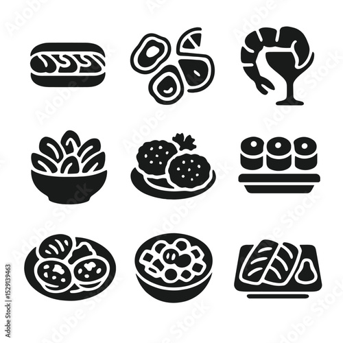 Shellfish Dish Icons. Solid, Filled icon set of shellfish dishes: lobster roll, oysters, shrimp cocktail, mussels, crab cakes,