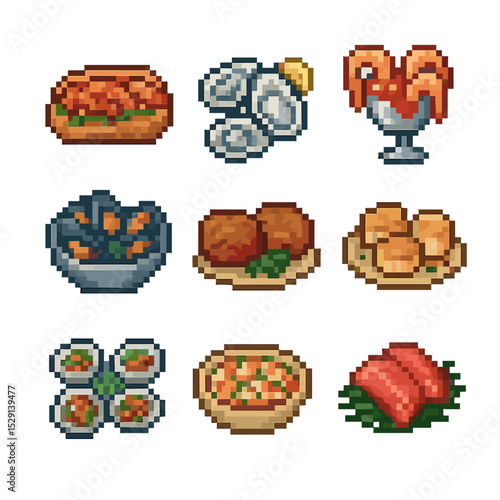Shellfish Cuisine Icons. Pixel art icon set of shellfish dishes: lobster roll, oysters, shrimp cocktail, mussels, crab cakes,