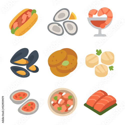 Shellfish Delights Grid. Flat icon set of shellfish dishes: lobster roll, oysters, shrimp cocktail, mussels, crab cakes, scallops,