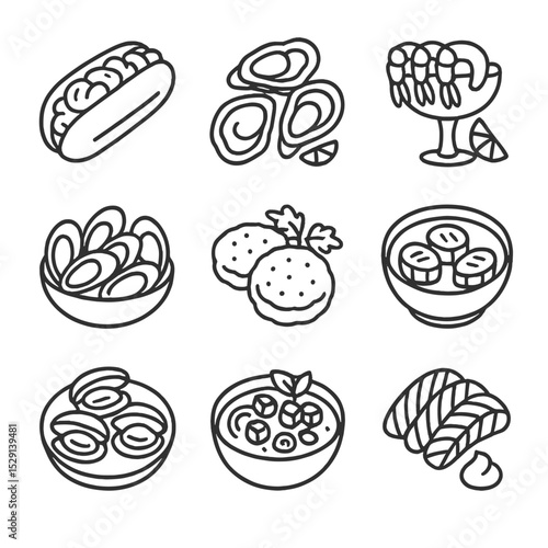 Shellfish Dishes Icons. Outline icon set of shellfish dishes: lobster roll, oysters, shrimp cocktail, mussels, crab cakes,