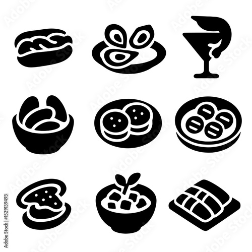 Shellfish Dish Icons. Solid, Filled icon set of shellfish dishes: lobster roll, oysters, shrimp cocktail, mussels, crab cakes,