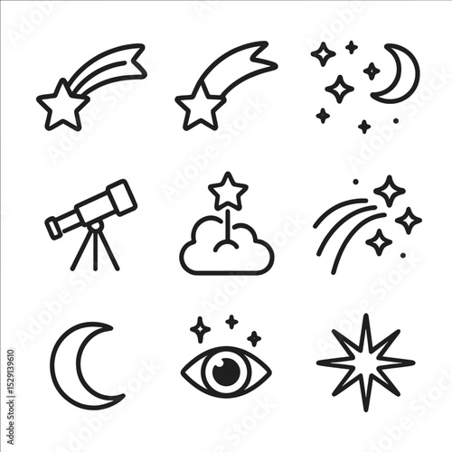 Shooting Star Icon Grid. Outline icon set of shooting star wishes: shooting star, comet tail, night sky, telescope, wish cloud,