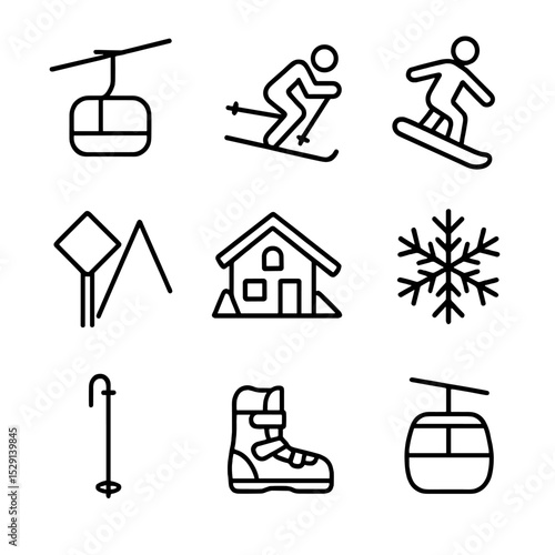 Ski Resort Icon Set. Outline icon set of ski resort amenities: ski lift, skier, snowboarder, chalet, piste sign, snowflake, ski
