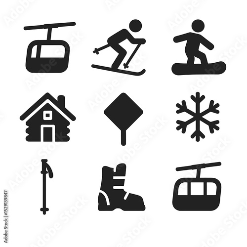 Ski Resort Icons. Flat icon set of ski resort amenities: ski lift, skier, snowboarder, chalet, piste sign, snowflake, ski pole,