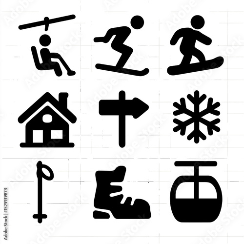 Ski Resort Icons. Solid, Filled icon set of ski resort amenities: ski lift, skier, snowboarder, chalet, piste sign, snowflake, ski