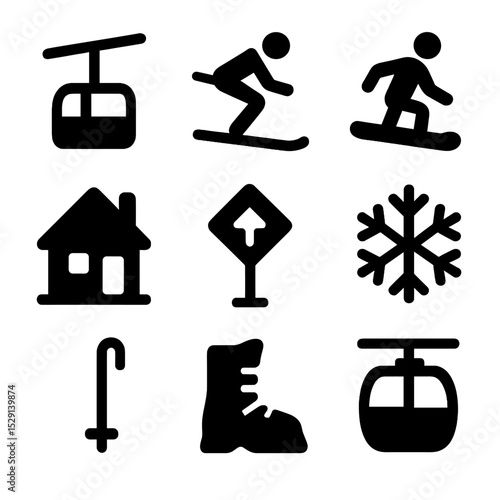 Ski Resort Icons. Solid, Filled icon set of ski resort amenities: ski lift, skier, snowboarder, chalet, piste sign, snowflake, ski