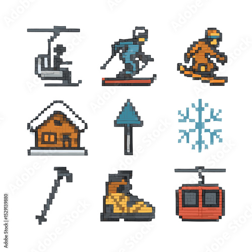 Ski Resort Icons. Pixel art icon set of ski resort amenities: ski lift, skier, snowboarder, chalet, piste sign, snowflake, ski