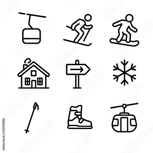 Ski Resort Icon Set. Outline icon set of ski resort amenities: ski lift, skier, snowboarder, chalet, piste sign, snowflake, ski