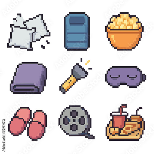Sleepover Party Icons. Pixel art icon set of sleepover party: pillow fight, sleeping bag, popcorn bowl, blanket, flashlight,