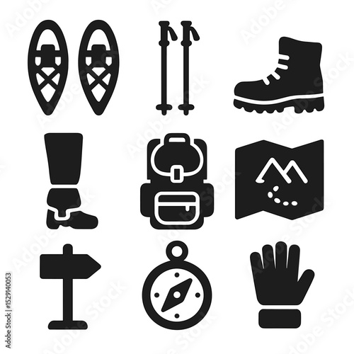 Snowshoeing Expedition Icons. Solid, Filled icon set of snowshoeing expedition: snowshoes, poles, winter boot, gaiters, backpack,
