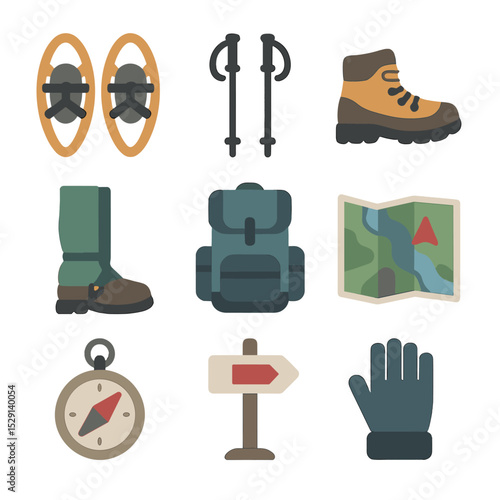 Snowshoeing Icon Set. Flat icon set of snowshoeing expedition: snowshoes, poles, winter boot, gaiters, backpack, map, compass,