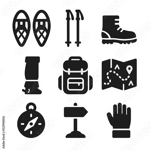 Snowshoeing Expedition Icons. Solid, Filled icon set of snowshoeing expedition: snowshoes, poles, winter boot, gaiters, backpack,