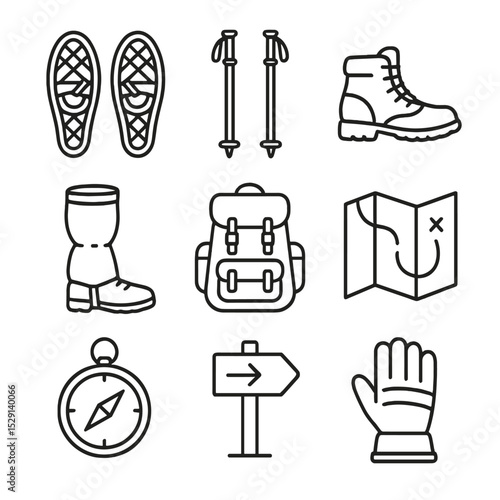 Snowshoeing Gear Icons. Outline icon set of snowshoeing expedition: snowshoes, poles, winter boot, gaiters, backpack, map, compass