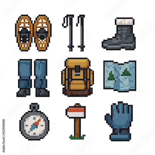 Snowshoeing Gear Icons. Pixel art icon set of snowshoeing expedition: snowshoes, poles, winter boot, gaiters, backpack, map,