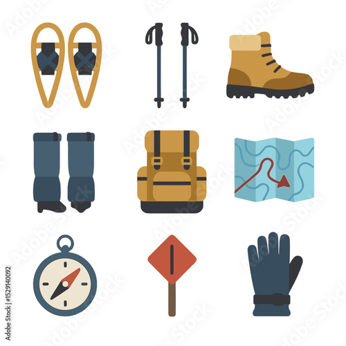 Snowshoeing Icon Set. Flat icon set of snowshoeing expedition: snowshoes, poles, winter boot, gaiters, backpack, map, compass,