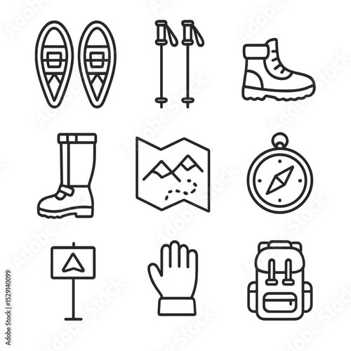 Snowshoeing Gear Icons. Outline icon set of snowshoeing expedition: snowshoes, poles, winter boot, gaiters, backpack, map, compass