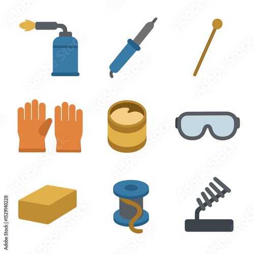 Soldering Tools Icons. Flat icon set of soldering and brazing tools: blow torch, soldering iron, brazing rod, flux paste,
